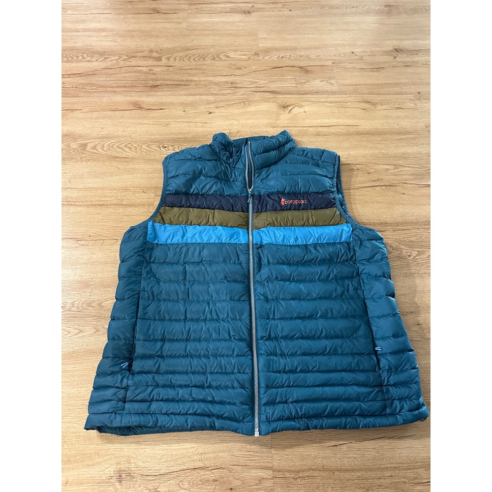 Cotopaxi Fuego Down Vest Mens XXL Blue Striped 90% Down Packable Puffer Jacket